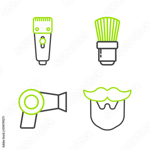Set line Mustache and beard, Hair dryer, Shaving brush and Electrical hair clipper or shaver icon. Vector