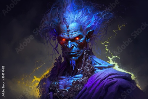 a demonic looking man with blue hair and red eyes Generative AI