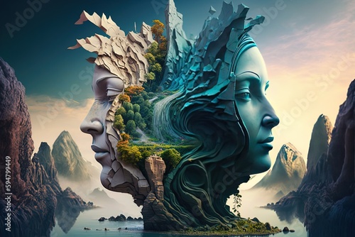 a surreal image of a woman's head with a mountain landscape in the background Generative AI © pngking