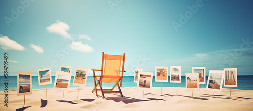 An orange beach longchair on a beach surrounded by framed pictures, generative ai illustration photo