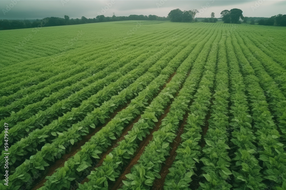 Aerial view young green tobacco plant field, Tobacco plantation leaf crops growing in tobacco plantation field