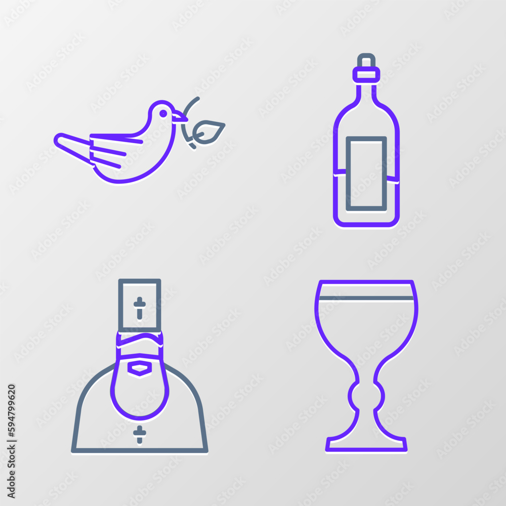 Set line Wine glass, Priest, Bottle of wine and Peace dove with olive branch icon. Vector Set line Wine glass, Priest, Bottle of wine and Peace dove with olive branch icon. Vector