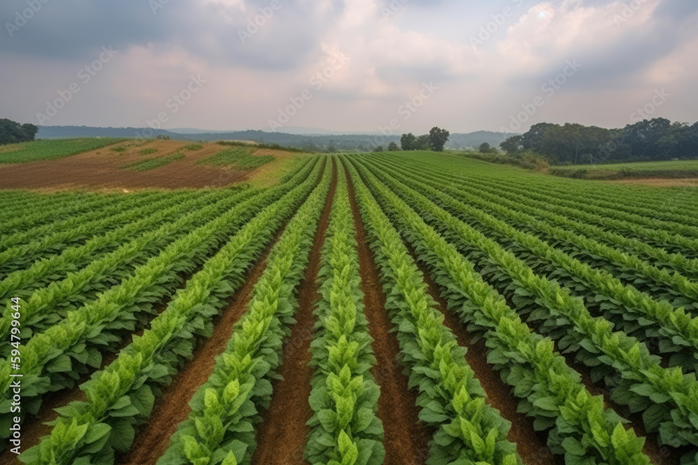 Aerial view young green tobacco plant field, Tobacco plantation leaf crops growing in tobacco plantation field - obrazy, fototapety, plakaty 