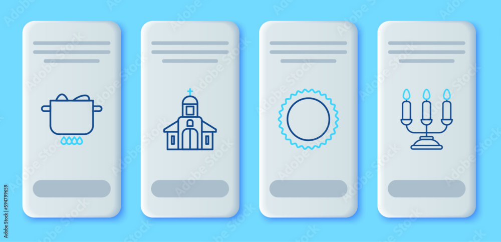 Set line Church building, Sun, Egg hot pot and Candelabrum with candlesticks icon. Vector