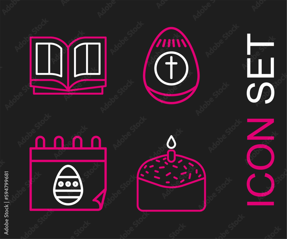 Set line Easter cake and candle, Calendar with egg, and Holy bible book icon. Vector