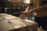 Warehouse worker checking damaged package in distribution center, Warehouse worker or courier holds damaged parcel
