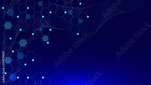 Abstract hexagonal with glowing particles and wave flow on dark blue for medical DNA research molecule concept background.