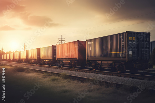 Freight car trailer with cargo container and freight train with cargo containers background, import export business logistic, Auto or automobile business commercial background concept