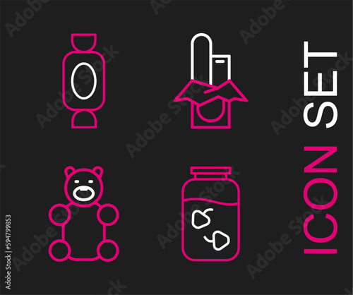 Set line Strawberry jam jar, Jelly bear candy, Chocolate bar and Candy icon. Vector