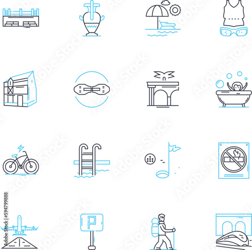 Recreational endeavors linear icons set. Adventure, Exploration, Camping, Hiking, Boating, Fishing, Hunting line vector and concept signs. Skiing,Snowboarding,Cycling outline illustrations