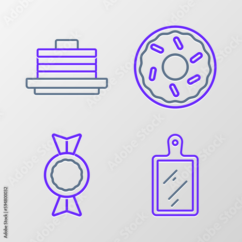 Set line Cutting board, Candy, Donut and Stack of pancakes icon. Vector