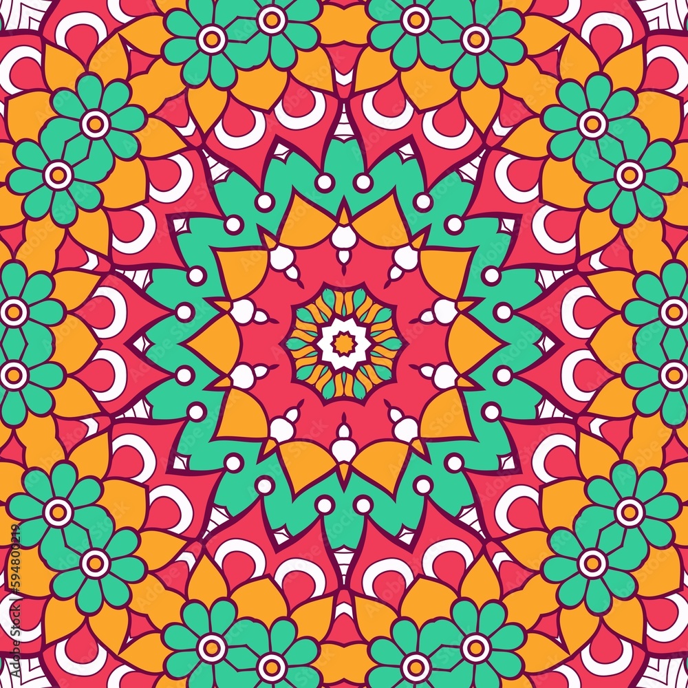 Abstract Pattern Mandala Flowers Plant Art Colorful Red Green Yellow 664