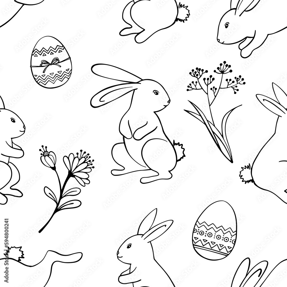 Cute seamless pattern with Easter Rabbits, eggs and plants. Line art ...