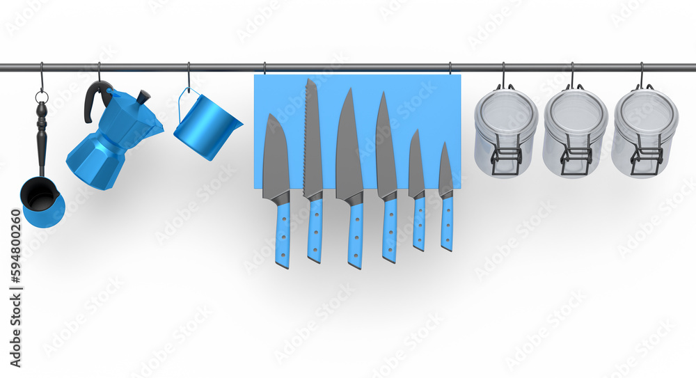 Set of kitchen utensil, stewpot, frying pan and chrome cookware hanging on shelf Set of kitchen utensil, stewpot, frying pan and chrome cookware hanging on shelf