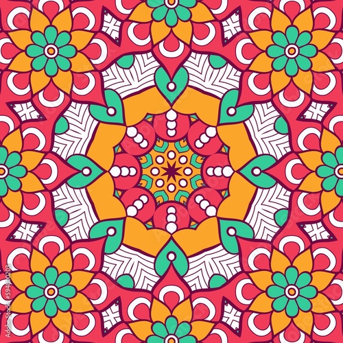 Abstract Pattern Mandala Flowers Plant Art Colorful Red Green Yellow 669