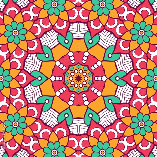 Abstract Pattern Mandala Flowers Plant Art Colorful Red Green Yellow 668