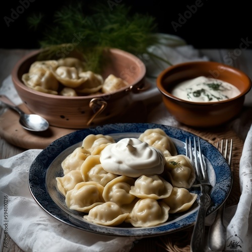 Homemade dumplings with sour cream and parsley in earthenware on a wooden table. Generative AI