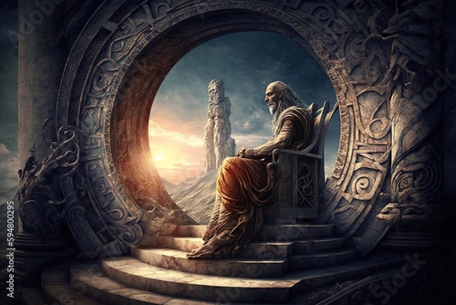 a man sitting on top of a stone throne Generative AI photo