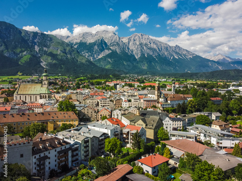 Aerial view Hall in Tirol, Tirol. Austria by drone. Alps mountains. 