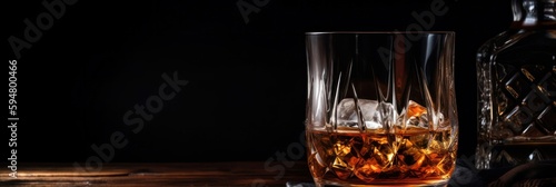 Glass of whiskey or bourbon with ice on dark wooden table. Generative AI