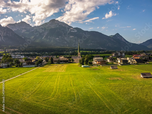 Aerial view town in Kufstein, Tirol. Austria by drone. Alps mountains.