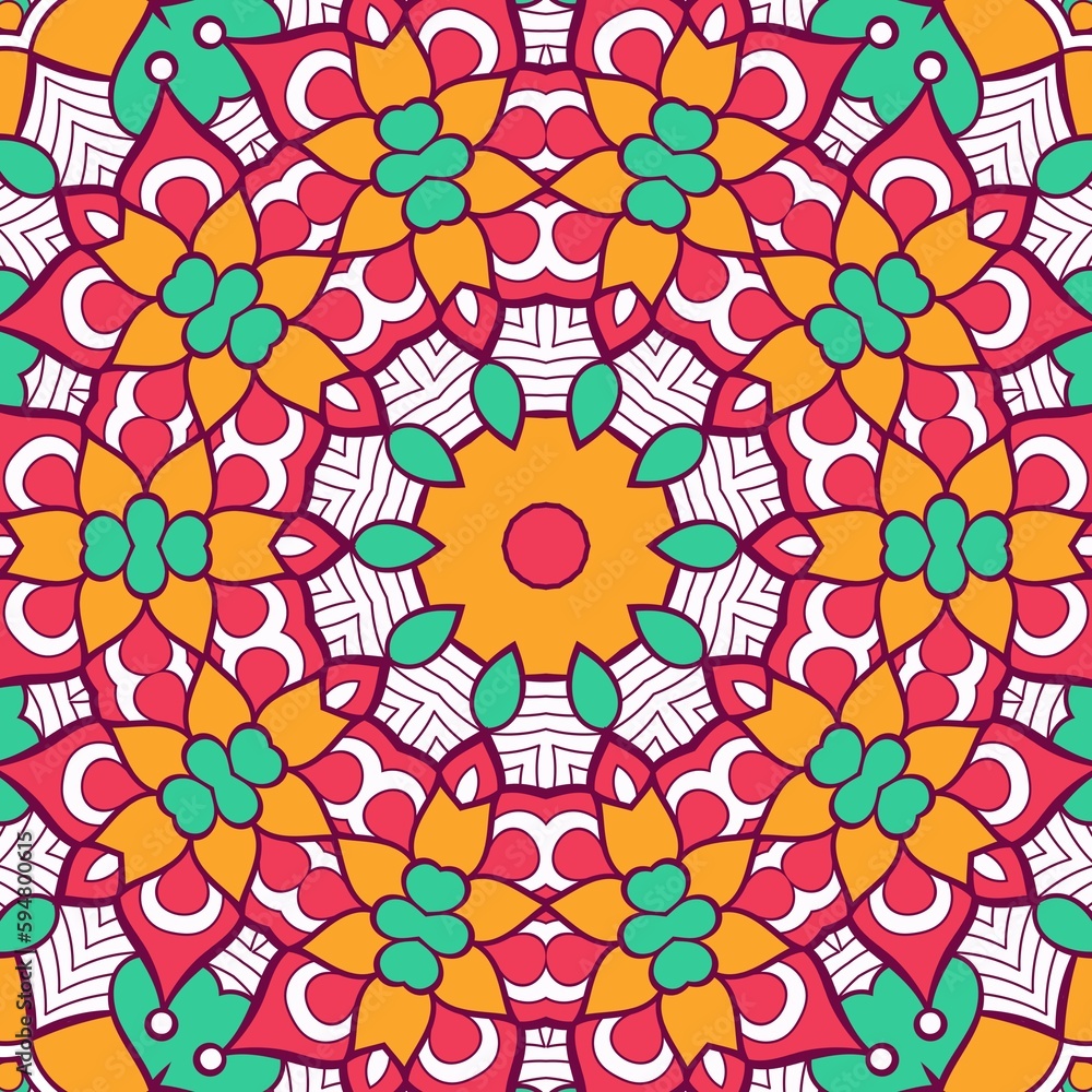 Abstract Pattern Mandala Flowers Plant Art Colorful Red Green Yellow 591