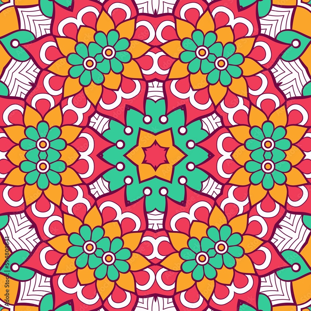 Abstract Pattern Mandala Flowers Plant Art Colorful Red Green Yellow 585