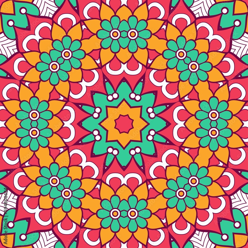 Abstract Pattern Mandala Flowers Plant Art Colorful Red Green Yellow 584