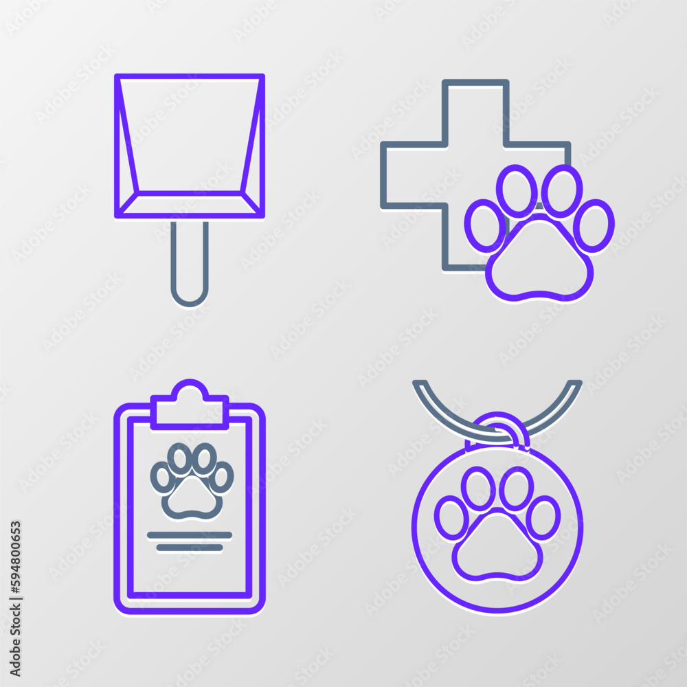 Set line Collar with name tag, Clipboard medical clinical record pet, Veterinary symbol and Dustpan icon. Vector