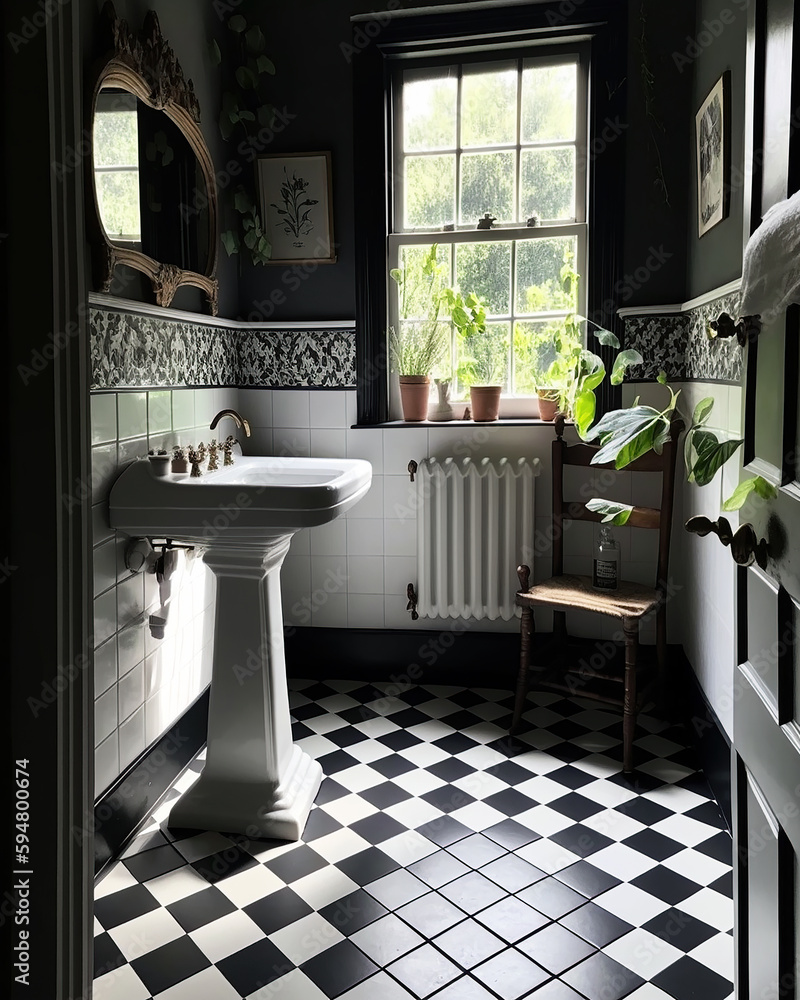 Vintage,old fashioned, retro bathroom in black and white with a ...