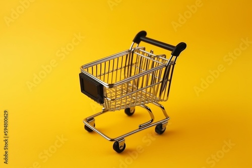 Flat lay miniature supermarket cart with shopping bags in black friday sale on yellow background. Generative AI