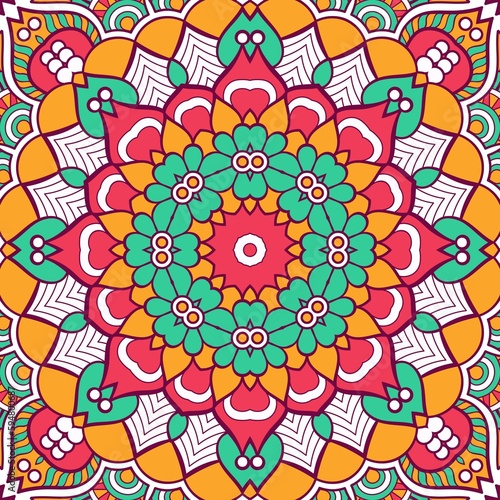 Abstract Pattern Mandala Flowers Plant Art Colorful Red Green Yellow 571