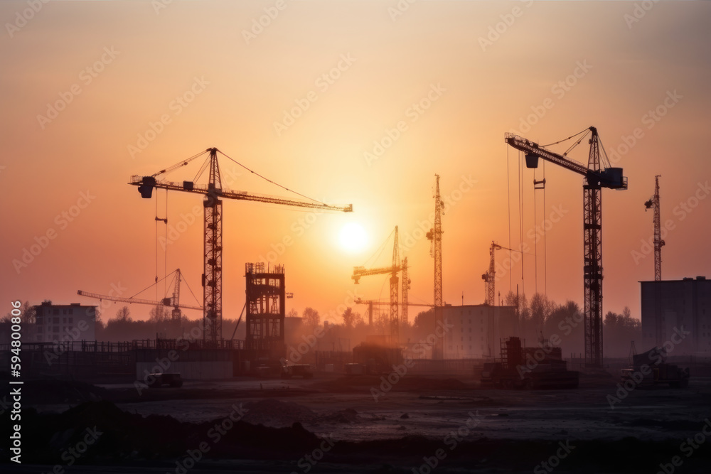 Silhouette construction large construction site including several cranes working industry construction cranes and buildings and sunset Silhouette construction large construction site including several cranes working industry construction cranes and buildings and sunset