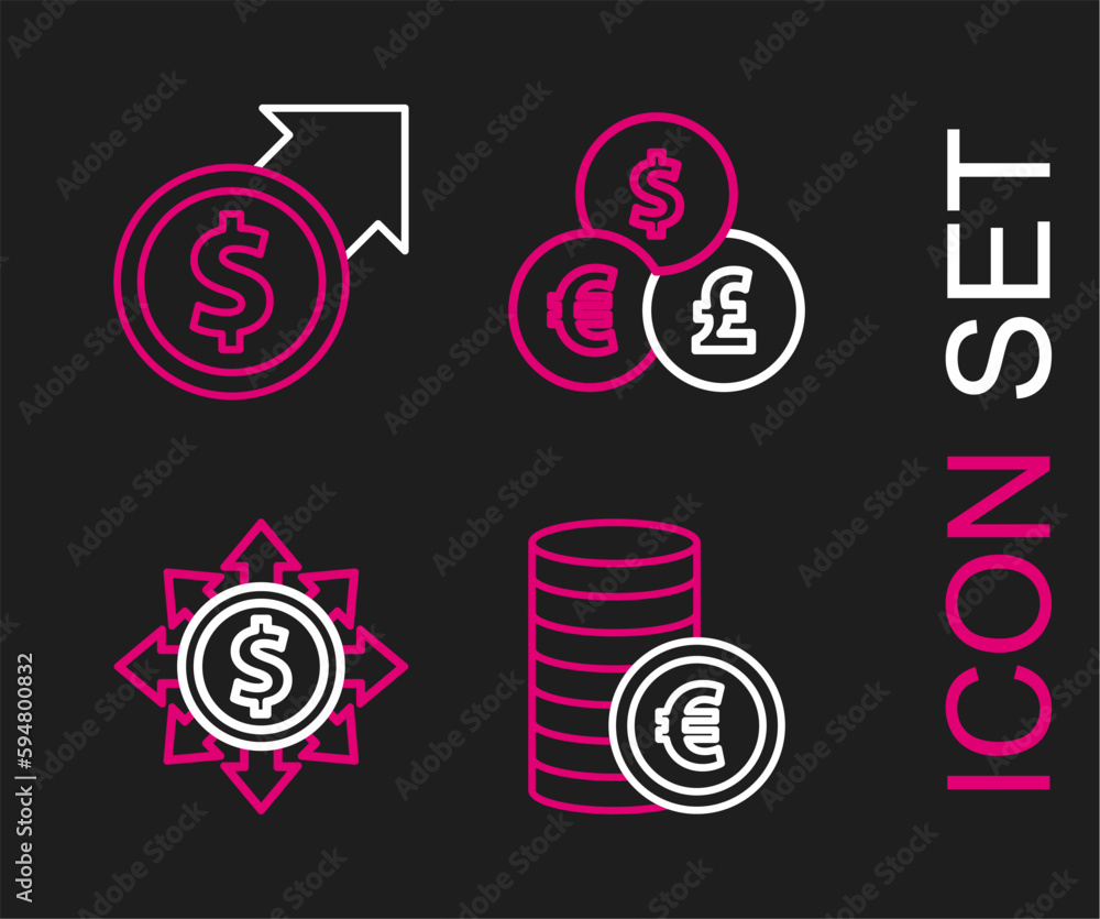 Set line Coin money with euro symbol, Dollar, share, network, Currency exchange and Financial growth and dollar icon. Vector Set line Coin money with euro symbol, Dollar, share, network, Currency exchange and Financial growth and dollar icon. Vector