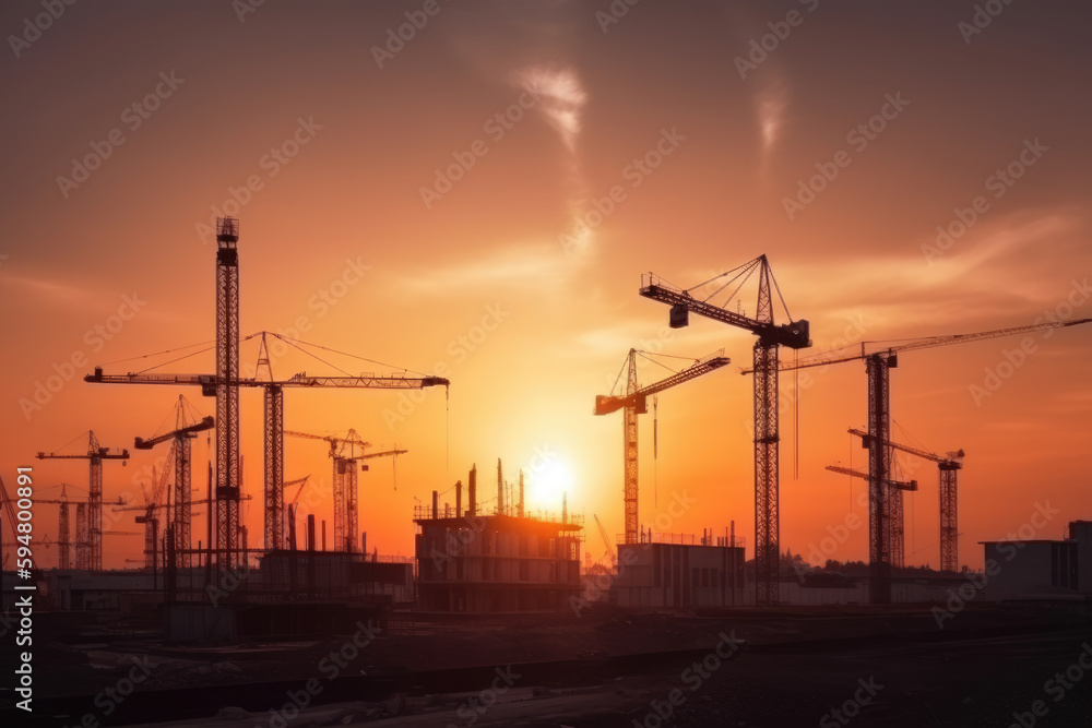 Silhouette construction large construction site including several cranes working industry construction cranes and buildings and sunset 