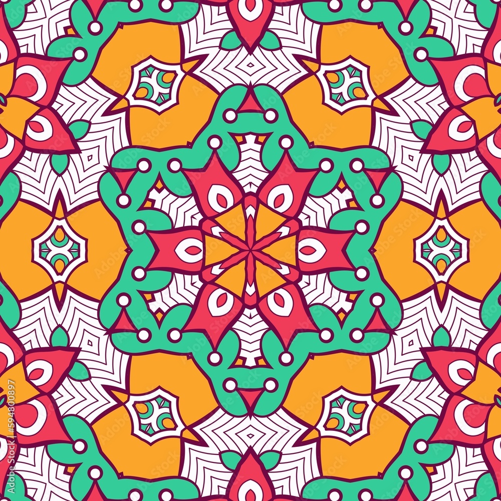 Abstract Pattern Mandala Flowers Plant Art Colorful Red Green Yellow 522