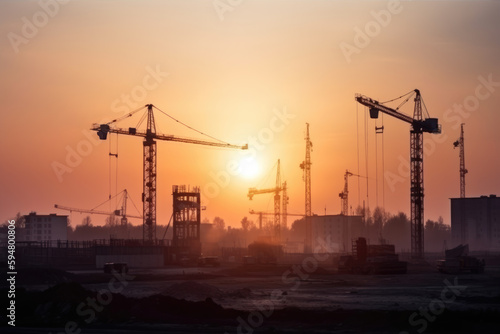 Silhouette construction large construction site including several cranes working industry construction cranes and buildings and sunset 