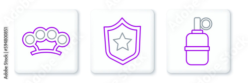 Set line Hand grenade, Brass knuckles and Military reward medal icon. Vector