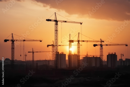 Silhouette construction large construction site including several cranes working industry construction cranes and buildings and sunset 