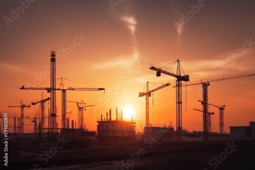 Silhouette construction large construction site including several cranes working industry construction cranes and buildings and sunset 