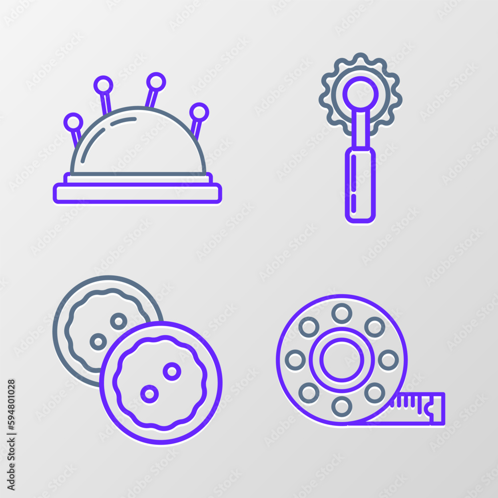 Set line Tape measure, Sewing button for clothes, Cutter tool and Needle bed and needles icon. Vector
