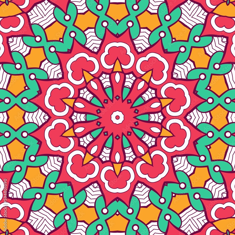 Abstract Pattern Mandala Flowers Plant Art Colorful Red Green Yellow 476