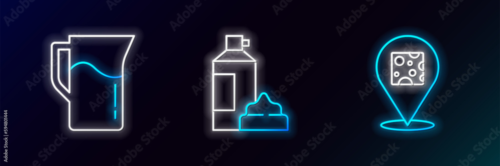Set line Cheese, Milk jug or pitcher and Whipped cream in bottle icon. Glowing neon. Vector Set line Cheese, Milk jug or pitcher and Whipped cream in bottle icon. Glowing neon. Vector