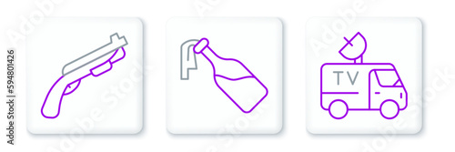 Set line TV News car, Police shotgun and Cocktail molotov icon. Vector