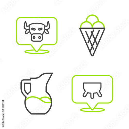 Set line Udder, Milk jug or pitcher, Ice cream in waffle cone and Cow head icon. Vector