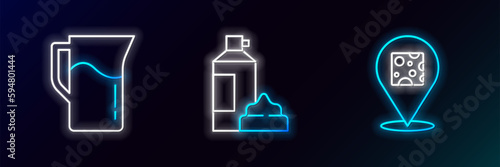 Set line Cheese, Milk jug or pitcher and Whipped cream in bottle icon. Glowing neon. Vector