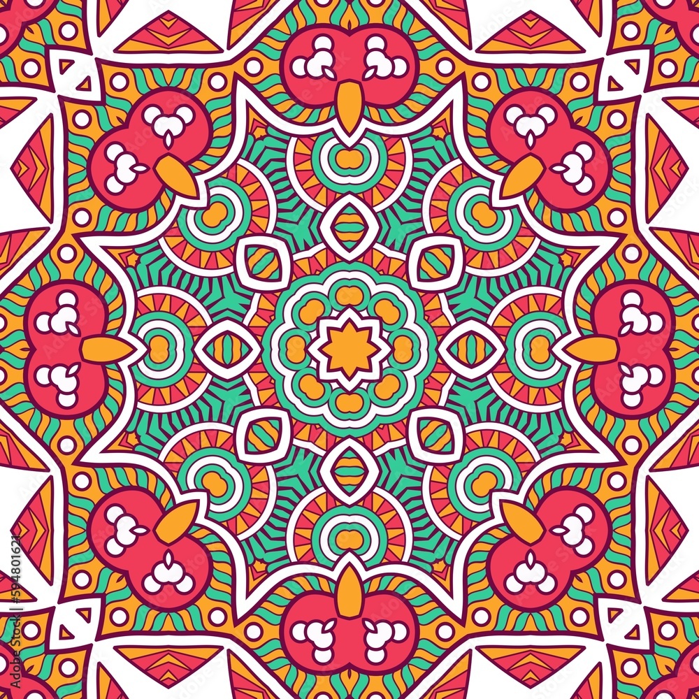 Abstract Pattern Mandala Flowers Plant Art Colorful Red Green Yellow 326