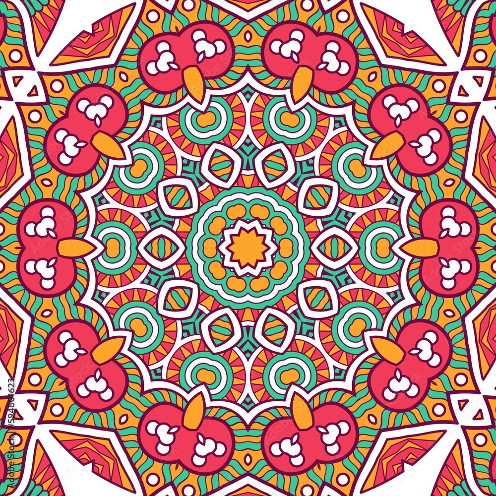 Abstract Pattern Mandala Flowers Plant Art Colorful Red Green Yellow 325