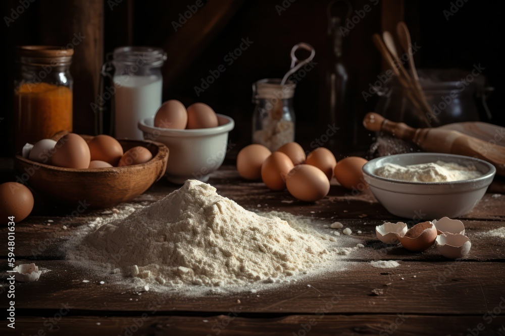 ingredients for making dough on a wooden table .eggs ,flour, salt, sugar and butter. Generative AI ingredients for making dough on a wooden table .eggs ,flour, salt, sugar and butter. Generative AI