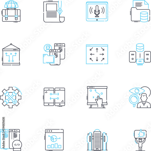 Content advertising linear icons set. Promotion, Editorial, Engagement, Marketing, Buzz, Branded, Viral line vector and concept signs. Storytelling,Exposure,Creativity outline illustrations